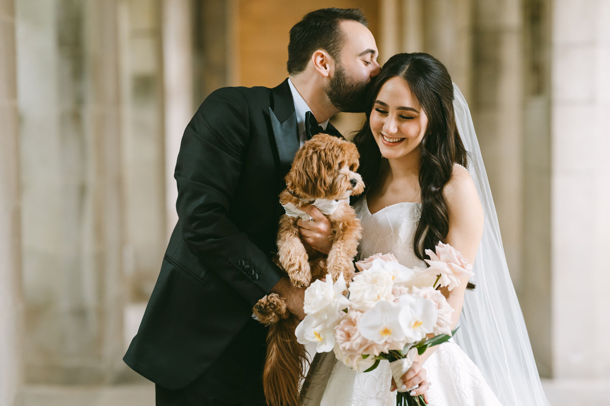 bride and groom first look with dog 4th presbyterian church chicago