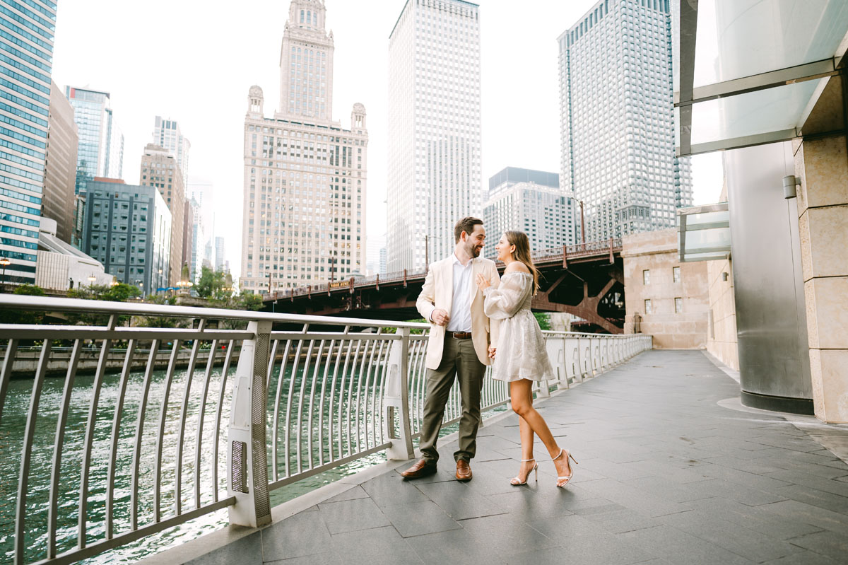 vibrant engagement photographer chicago riverwalk light and bright