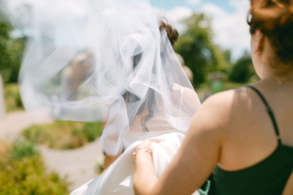 wedding veil blowing in the wind