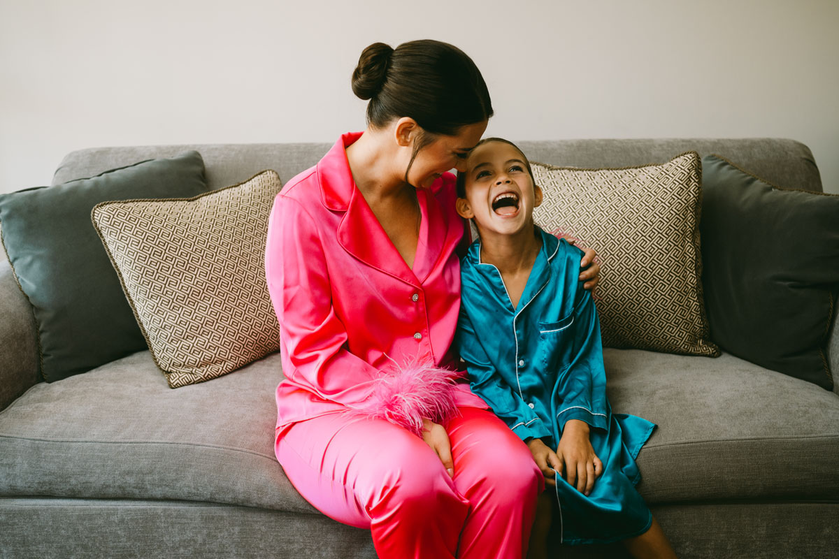 bride in barbie pink pajamas with niece