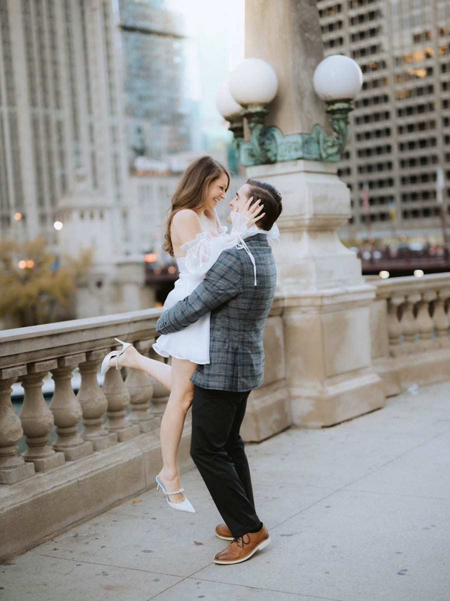 Engagement shoot on Michigan Avenue white dress