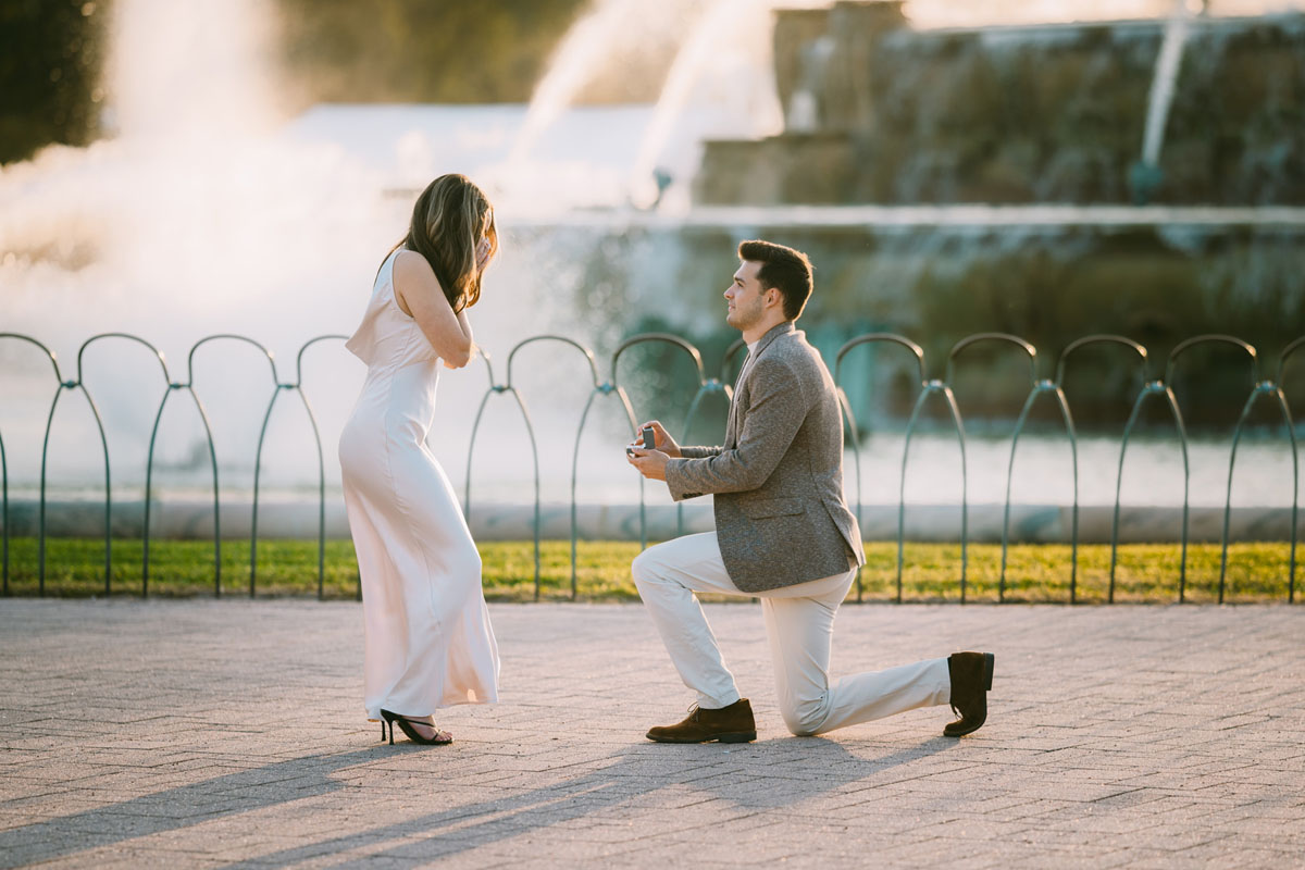 sunset buckingham fountain proposal light and bright photography