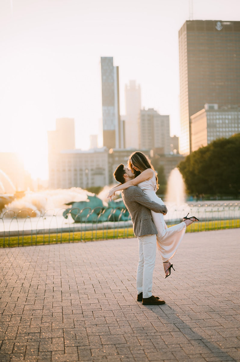 sunset buckingham fountain proposal light and bright photography