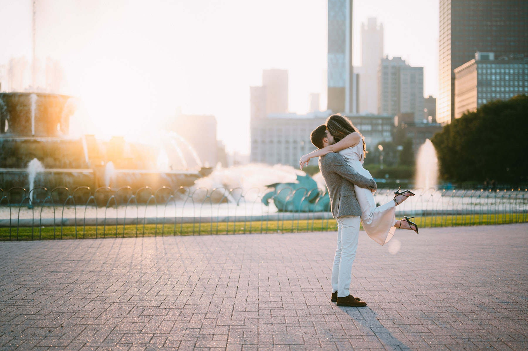sunset buckingham fountain proposal light and bright photography