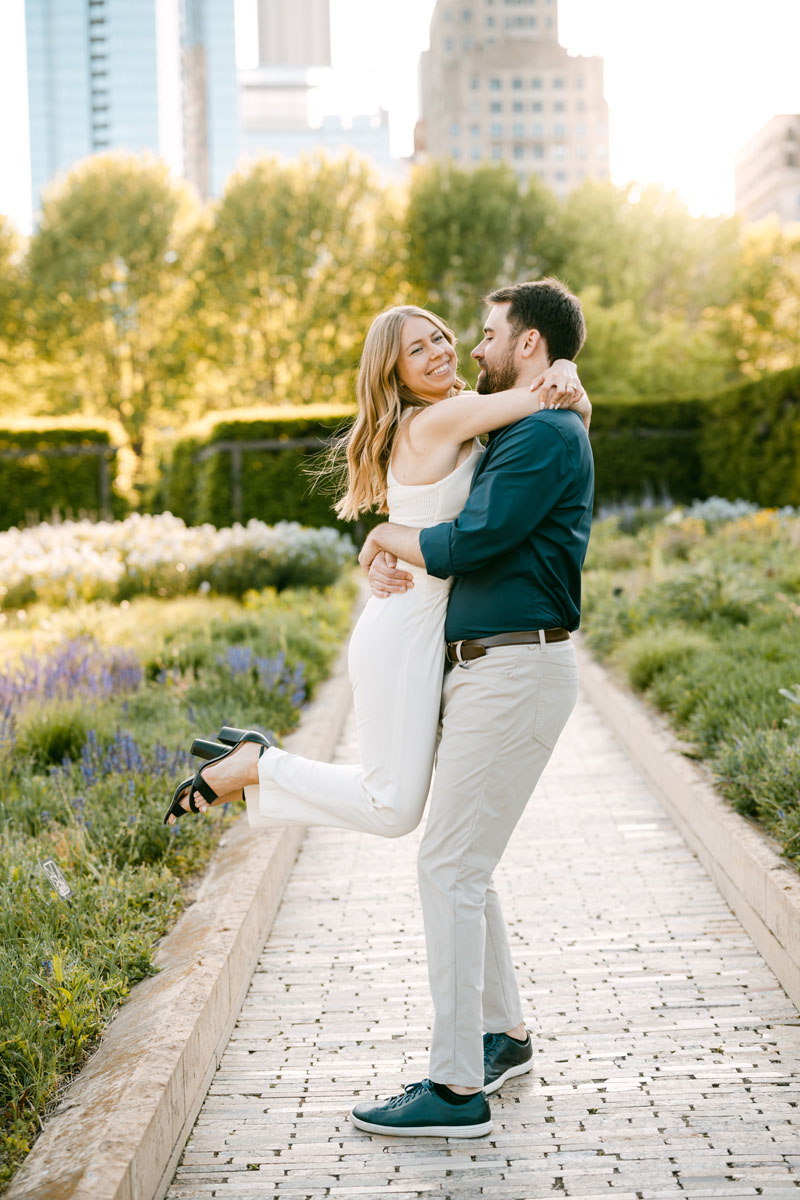 Fall Lurie Garden Millennium Park engagement true color photography white suit style