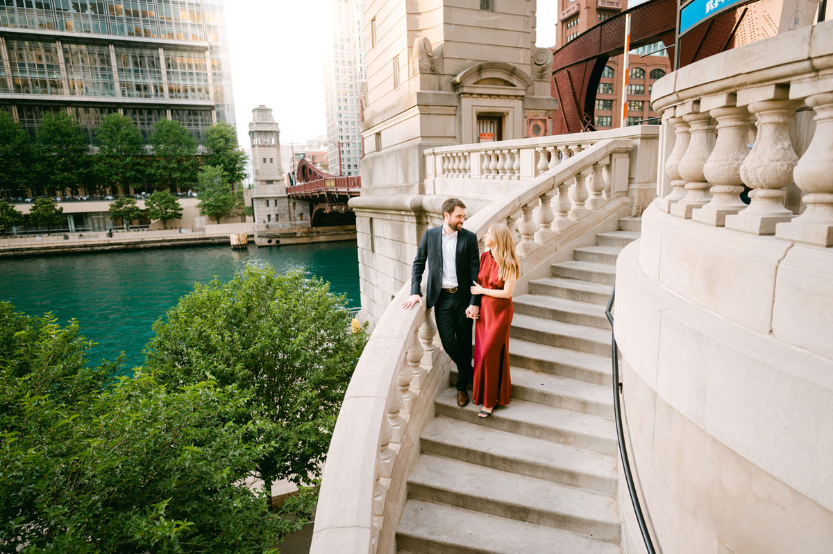 Fall chicago riverwalk engagement true color photography silk red dress