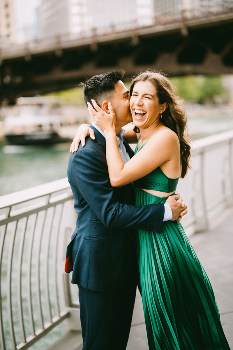 Chicago riverwalk engagement light and bright photographer emerald green engagement dress