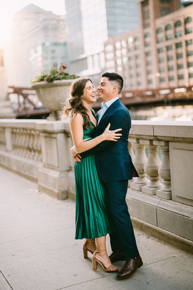 Chicago riverwalk engagement light and bright photographer emerald green engagement dress