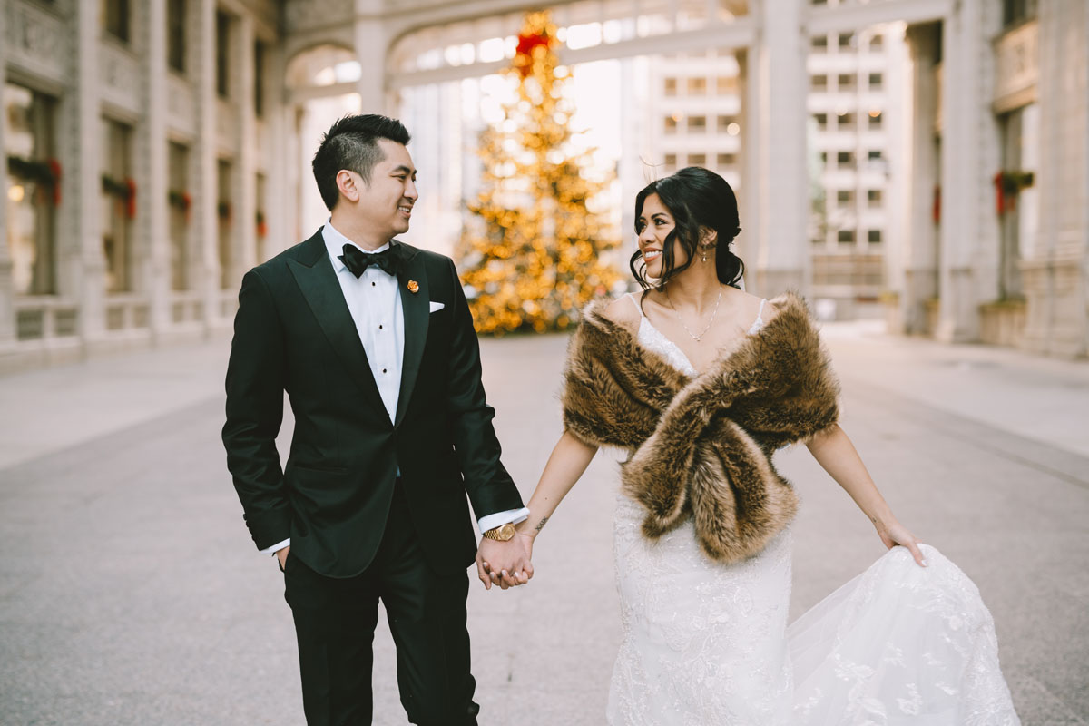 wrigley building wedding winter light and bright photojournalistic photography