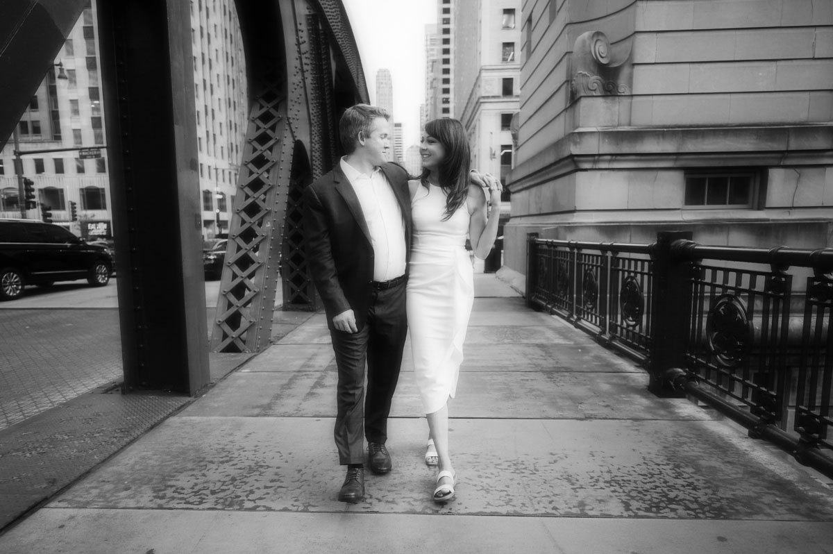 dreamy cinematic chicago riverwalk black and white engagement photographer