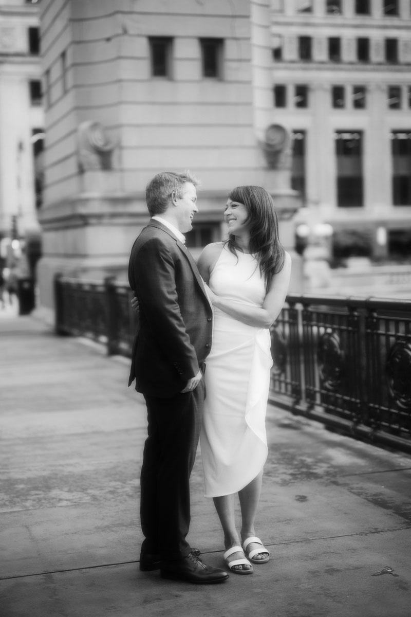 dreamy cinematic chicago riverwalk black and white engagement photographer