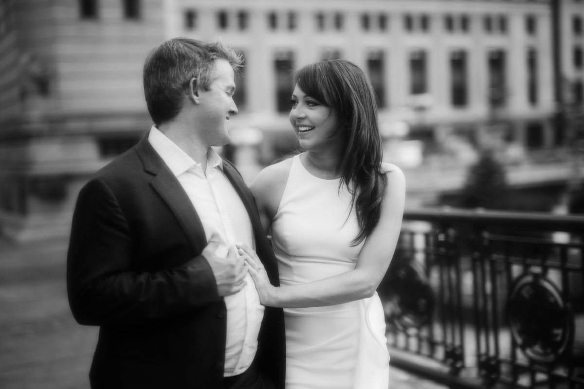 dreamy cinematic chicago riverwalk black and white engagement photographer