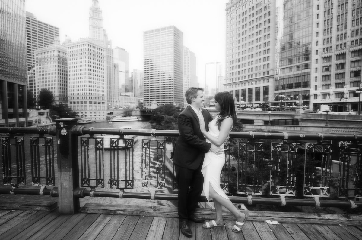 dreamy cinematic chicago riverwalk black and white engagement photographer