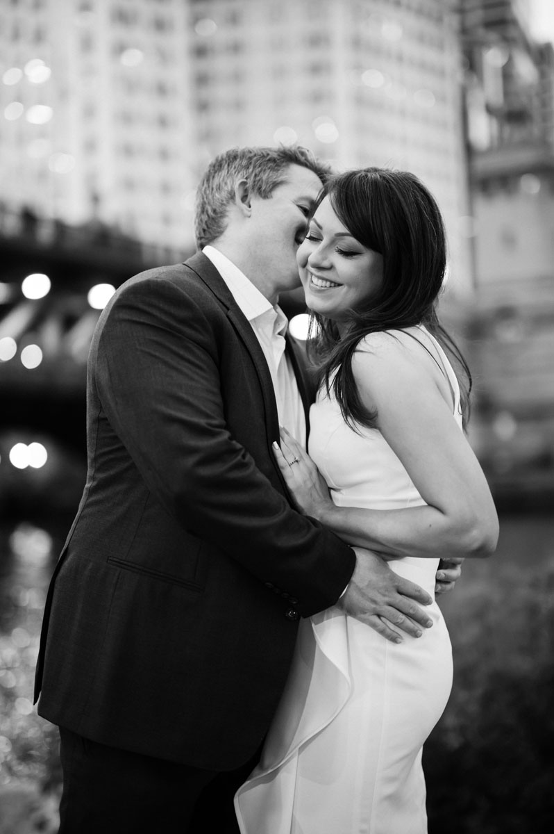 dreamy cinematic chicago riverwalk black and white engagement photographer