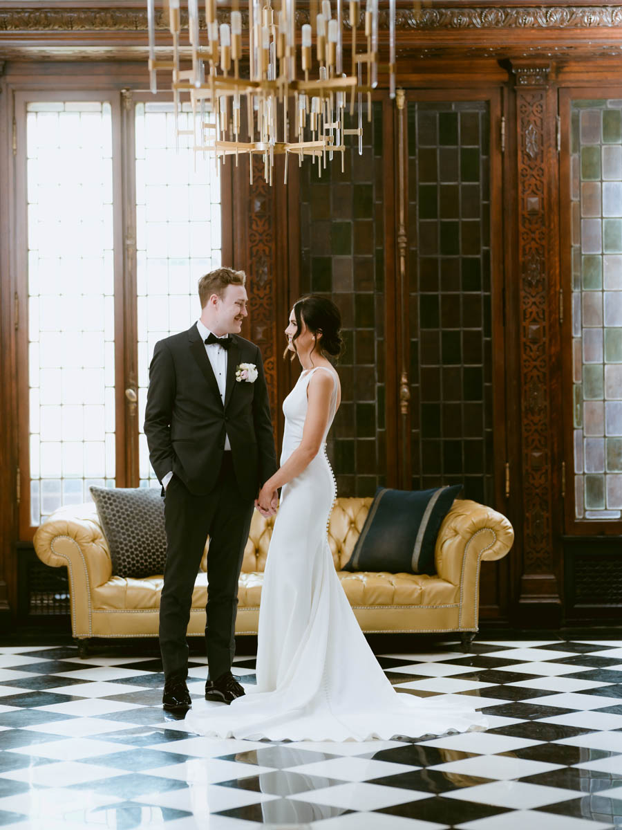Blackstone Hotel Wedding English Room, bride and groom first look, documentary wedding photographer