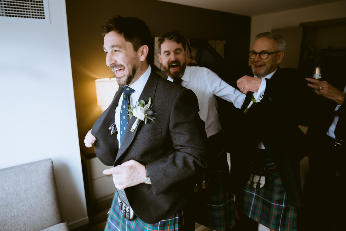 Hyatt House Scottish Groom in Kilt Getting Ready