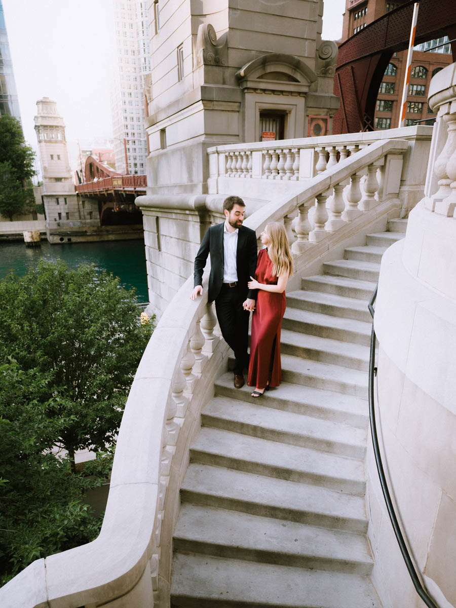 Light and vibrant Chicago Riverwalk Engagement Photographer Stairs
