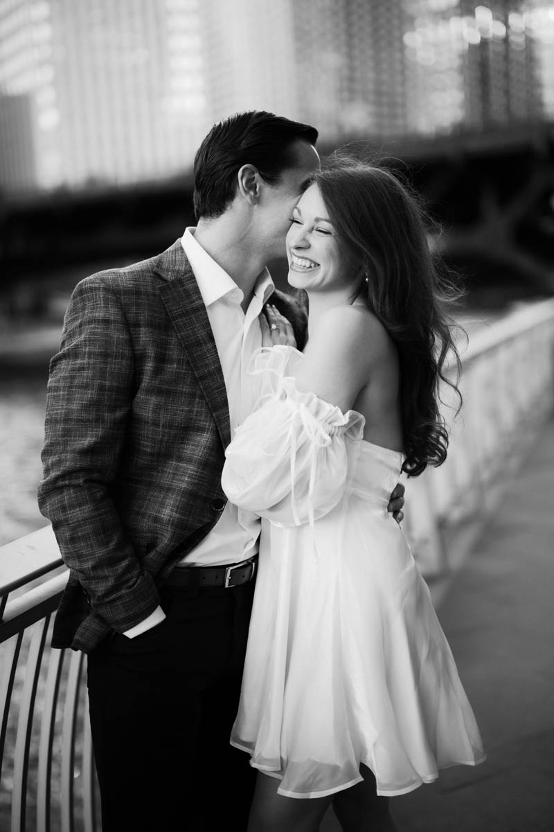 Dark and moody black and white Wrigley Building engagement photography