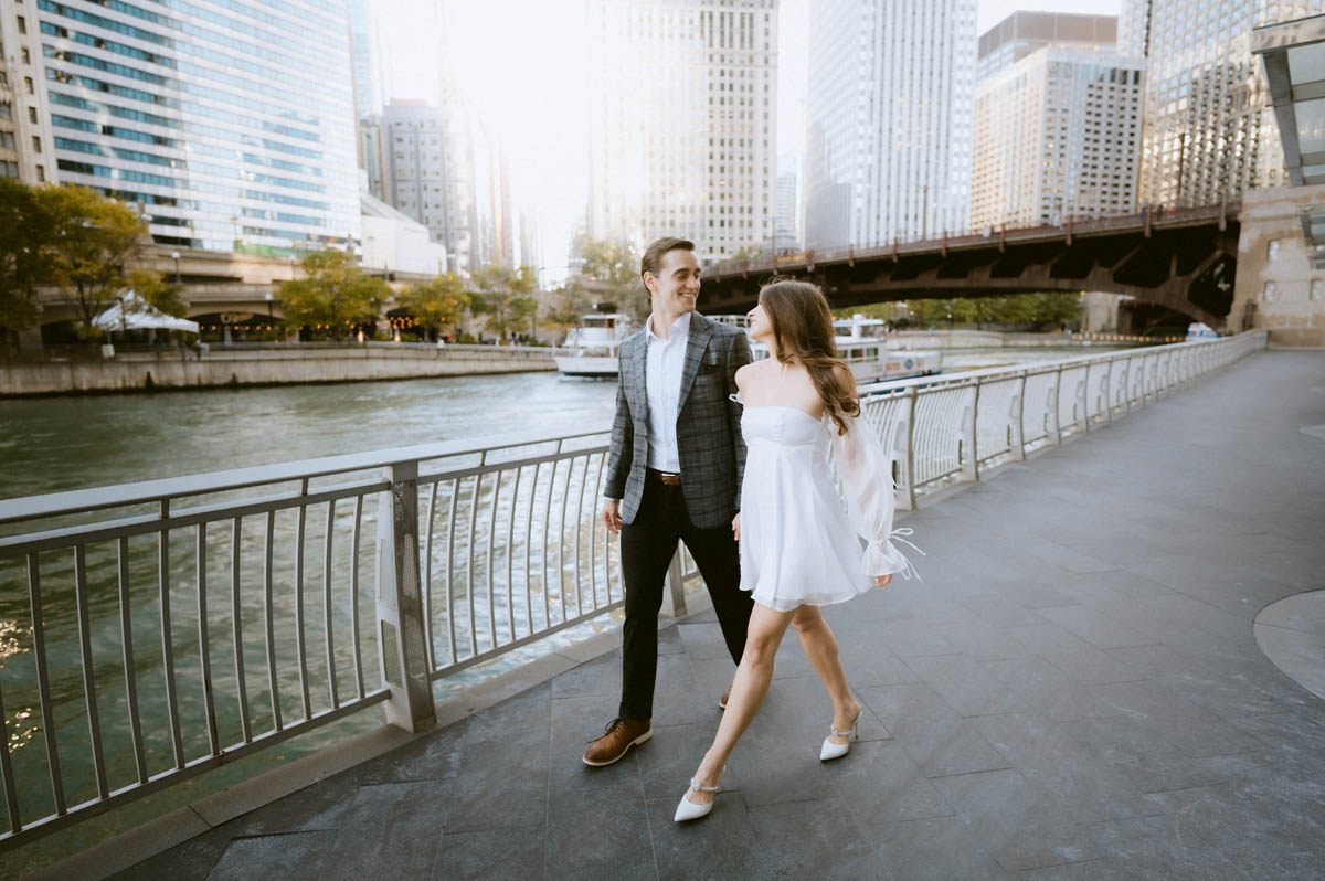 True color editorial Chicago Riverwalk Engagement Photographer