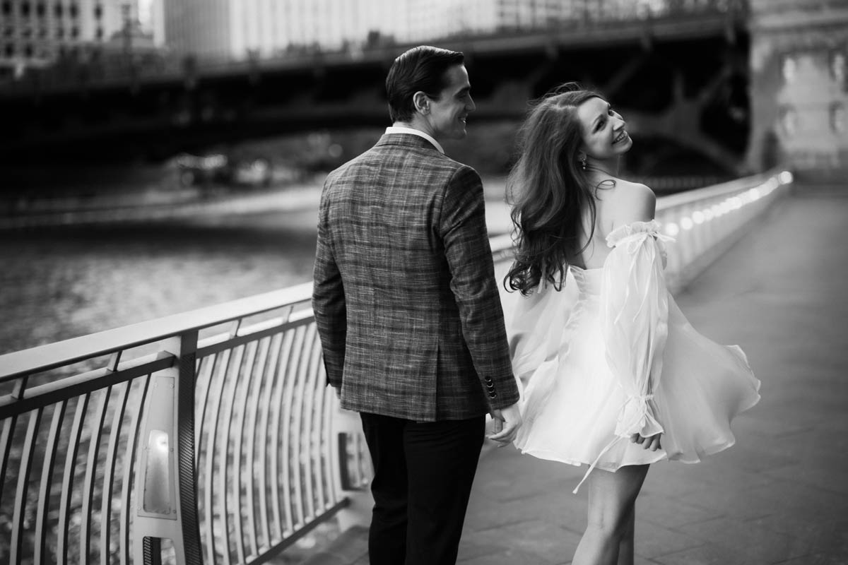Dark and moody black and white Wrigley Building engagement photography