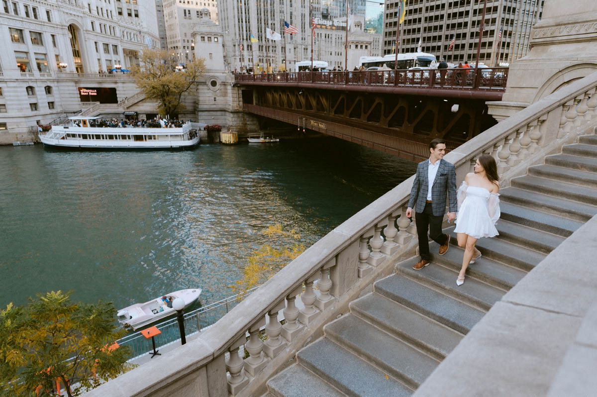True color editorial Chicago Riverwalk Engagement Photographer