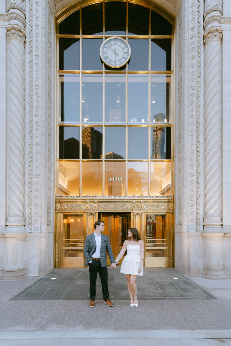 Light and airy editorial Chicago Wrigley Building Engagement Photographer