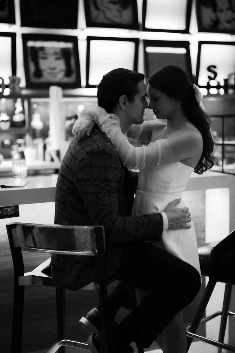 Dark and moody black and white Renaissance Hotel engagement photography