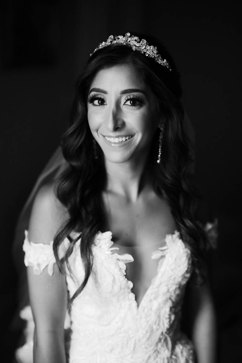 Black and white portrait of bride with soft window light