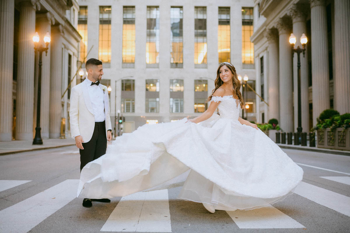 Bride dancing in her wedding dress at Chicago Board of Trade