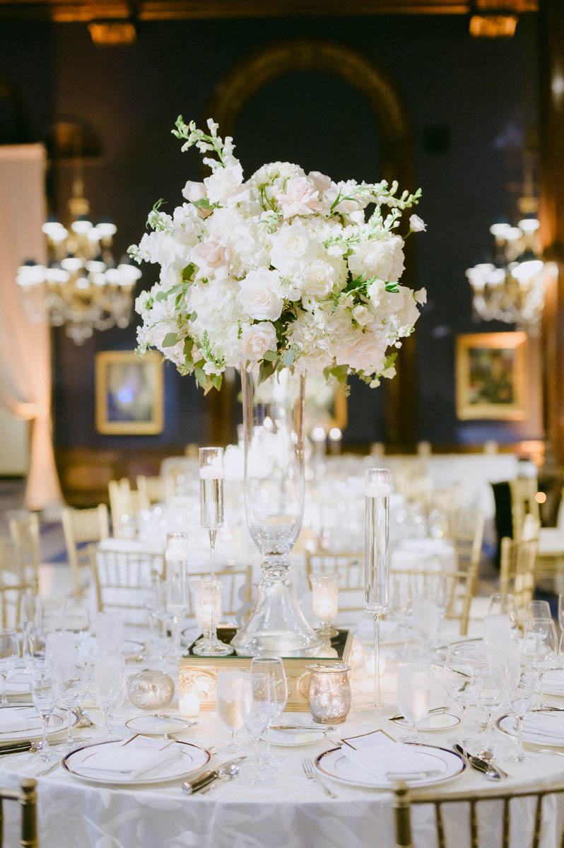 White and green floral wedding centerpiece at the Union League Club of Chicago