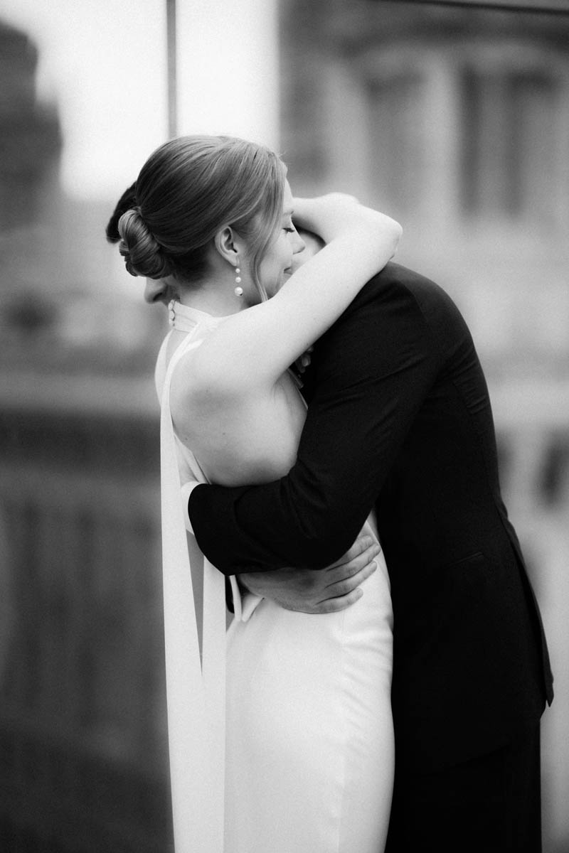 Black and white portrait of bride and groom at the Wit Hotel first look