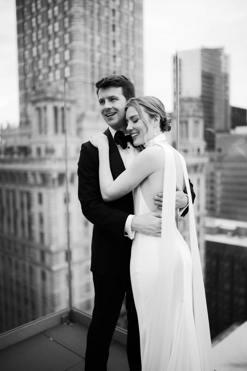 Black and white portrait on the balcony of the Wit Hotel wedding