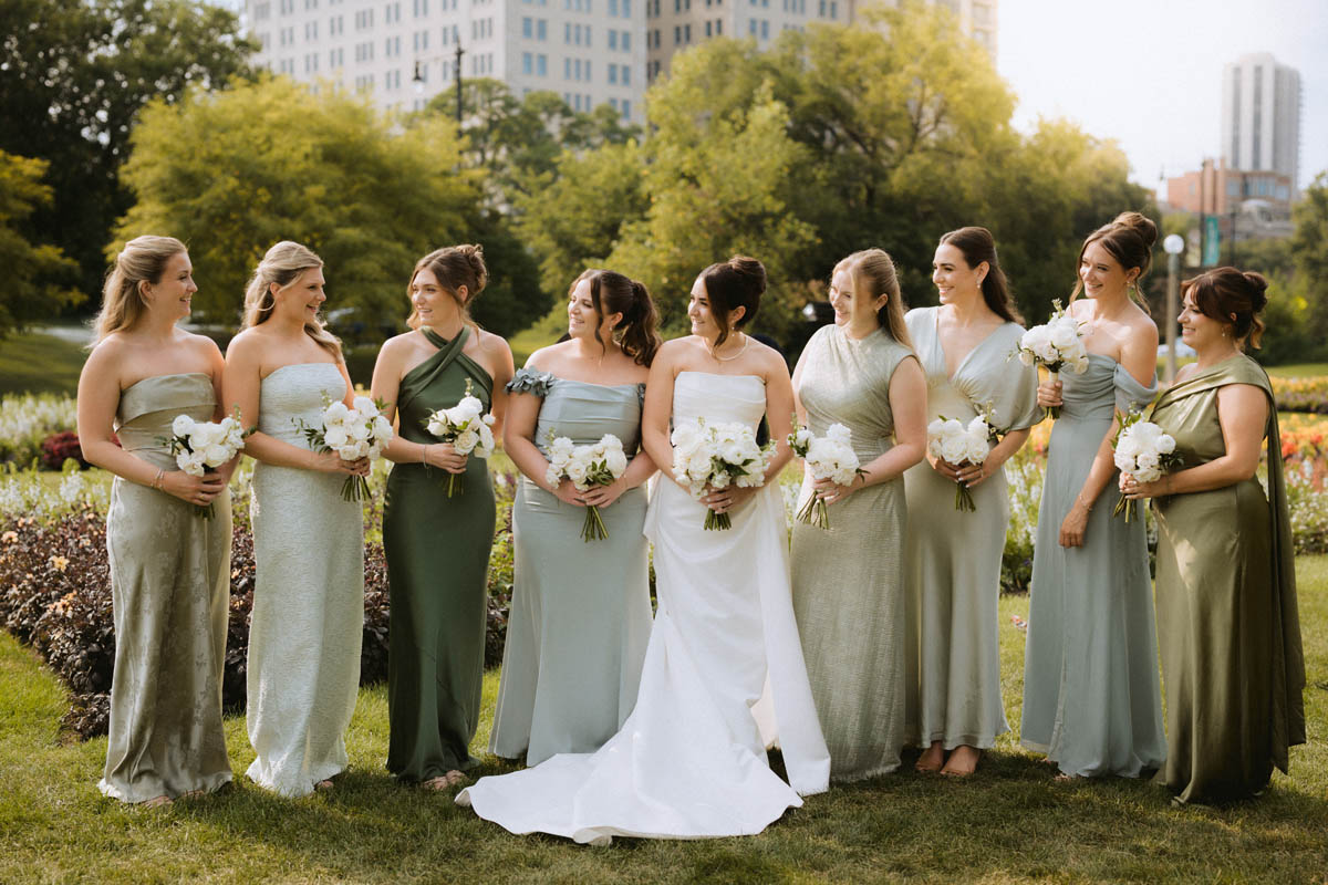 Bride candid wedding portrait with her bridesmaids